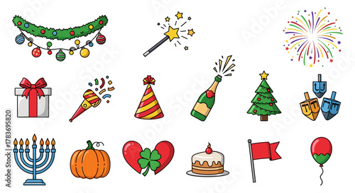 Collection of festive holiday icons including garlands, magic wand, fireworks, gift box, party horn, party hat, champagne bottle, Christmas tree, dreidels, menorah, pumpkin, heart with clover, cake