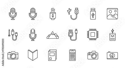 Collection of outline icons representing technology and creative tools, including microphones, USB cables, cameras, a CPU chip, mountains, and a document, perfect for infographics, articles, books
