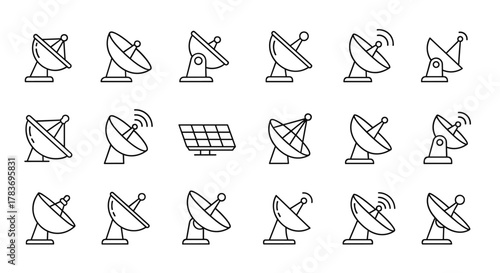 A collection of minimalistic, line-art satellite dish icons, featuring editable strokes and linear pictograms, perfect for designing cards, apps, banners, and social media posts, presented in a clean