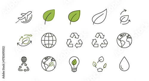 Set of global-related line icons featuring leaves, a plane, and eco-outline signs, perfect for graphic and web design, apps, adverts, various cards, and vector cartoon illustrations, symbolizing