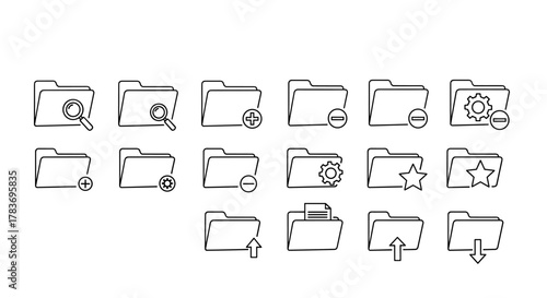 Collection of simple, isolated line icons representing computer folders, featuring editable strokes. Icons include search magnifying glass, add plus sign, remove minus sign, gear settings, star