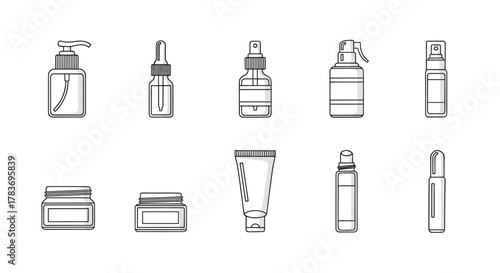 Set of cosmetic and skincare packaging icons, including pump bottles, dropper bottles, spray bottles, jars, tubes, and rollerball applicators, presented in a clean, editable stroke vector cartoon