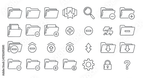 Collection of simple, isolated line icons representing computer folders with various functions like adding, removing, uploading, downloading, searching, and locking, suitable for web, apps, and print