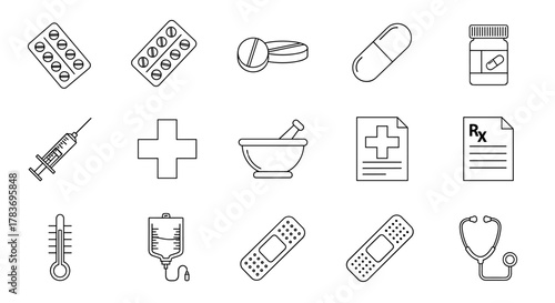 Collection of simple, isolated line icons representing pills, medication, and medical equipment, including blister packs, capsules, bottles, syringes, crosses, mortars, documents, thermometers, IV