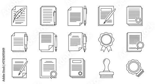 Vector outline collection of documents with quill, pen, and stamp, editable stroke, perfect for infographics, articles, books, flyers, banners, and cartoon illustrations, representing legal