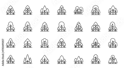 Collection of minimalistic thin line icons representing various trees in a forest, perfect for web design, graphic design, apps, banners, social networks, and cards. This vector cartoon illustration
