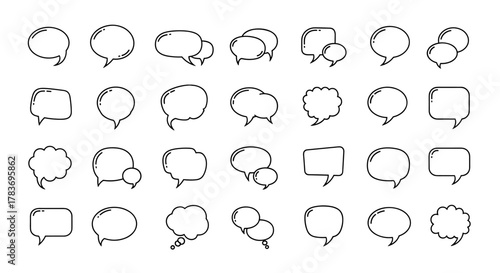Collection of outline speech bubbles in various shapes and sizes, perfect for graphic design, digital art, books, advertisements, and app interfaces, offering editable stroke for customization. This