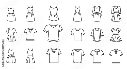 Collection of thin line art icons representing various styles of dresses and t-shirts, perfect for web design, book illustrations, greeting cards, and mobile applications, presented as a versatile
