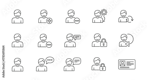 Collection of minimalistic user icons for web and graphic design, apps, banners, social networks, and cards. Includes icons for adding, removing, messaging, locking, settings, refresh, and