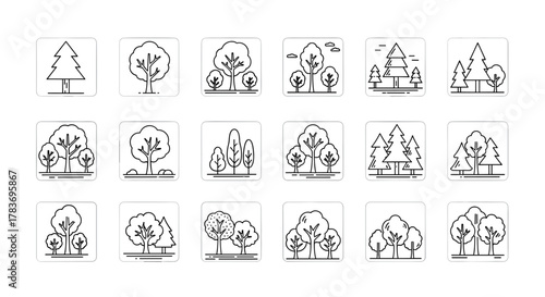 Collection of simple linear outline illustrations of various trees in a forest setting, perfect for web, books, cards, and apps, featuring editable strokes and a clean vector cartoon style.