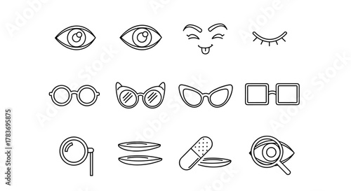 Collection of eye and glasses line icons, featuring various styles of eyewear, eyes, and vision-related symbols. This bundle includes outline signs perfect for graphic design, web design, apps