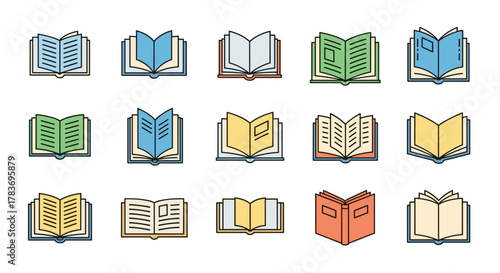 Set of filled color icons of opened books, minimalistic linear pictograms for web and graphic design, apps, banners, social networks, and cards. Vector illustration of various book designs