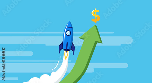 Vibrant blue rocket ascends on a dynamic green arrow pointing upwards towards a golden dollar sign, symbolizing financial growth, investment success, and entrepreneurial innovation against a clear