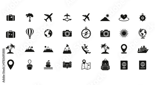 Collection of 36 travel and tourism icons in silhouette style, featuring suitcases, airplanes, hot air balloons, globes, cameras, compasses, mountains, palm trees, ships, maps, backpacks, and