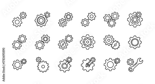 Collection of simple gear and cogwheel icons, representing mechanisms and industry. Editable stroke vector cartoon illustrations perfect for infographics, articles, books, flyers, and banners