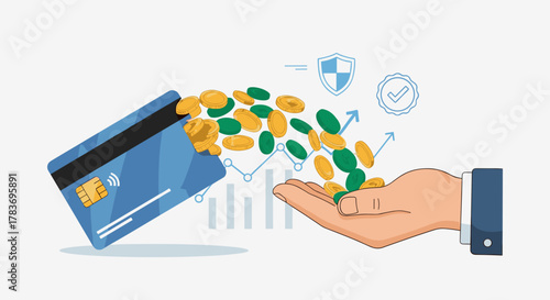 Conceptual illustration of a credit card pouring gold and green coins into an open hand, symbolizing financial transactions, secure payments, and successful certification, set against a backdrop of