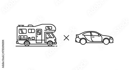 Modern outline style icons featuring a motorhome and a car, symbolizing travel and transportation options, perfect for design projects, cards, apps, and social networks, presented as a clean vector