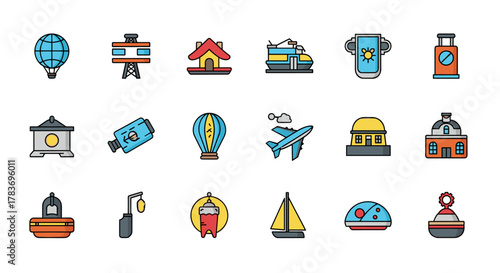 A vibrant and diverse collection of vector cartoon icons representing various modes of transport, including a hot air balloon, airplane, train, and boat, alongside buildings, a globe, and other