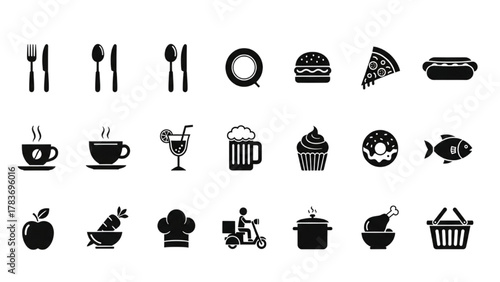 Food and Drinks Silhouette Icons Set — 24 Black Vector Restaurant, Cafe, and Culinary Symbols for Cooking and Delivery Design