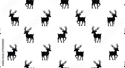 Seamless black reindeer silhouette pattern winter holiday animal vector graphic
