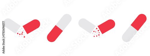 Open and Closed Medical Capsules with Spilling Particles – Digital Pixelated Tablet and Capsule Silhouette Illustration