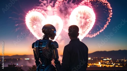 Couple silhouette — one human, one AI robot — watching holographic fireworks shaped like a heart
