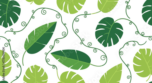 Seamless tropical jungle leaf pattern: green monstera banana leaves, swirling vine background.