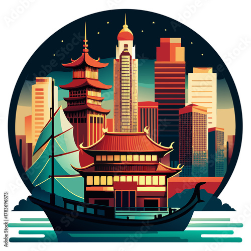 picturesque night cityscape alongside a traditional Japanese boat in the river.