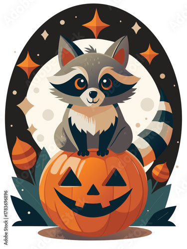 raccoon perched on a pumpkin, night sky with stars, and a full moon.