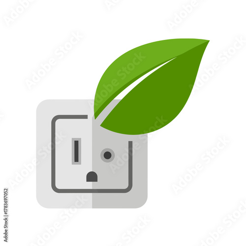 A graphic illustration showing an electrical wall outlet with a green leaf, representing sustainable power, eco-friendly energy, and environmental responsibility in modern technology usage