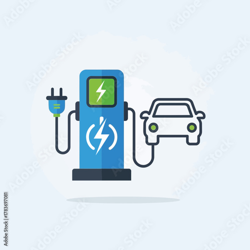 Modern electric vehicle charging station powering up an eco-friendly automobile, symbolizing sustainable transportation solutions and a cleaner energy future for urban mobility