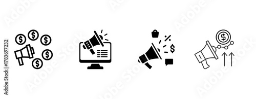 Digital Marketing and Online Advertising Icon Set – Promotion, Campaign, and Media Strategy Concept