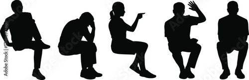 Silhouettes of seated people in various poses, body language gestures, sitting positions, expressive postures, human figures, black shapes, isolated on white background