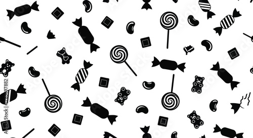 Black and white candy pattern vector illustration sweet treats seamless background confectionery design
