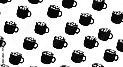 Cozy seamless hot chocolate pattern: scattered black mugs with marshmallows, winter beverage background.
