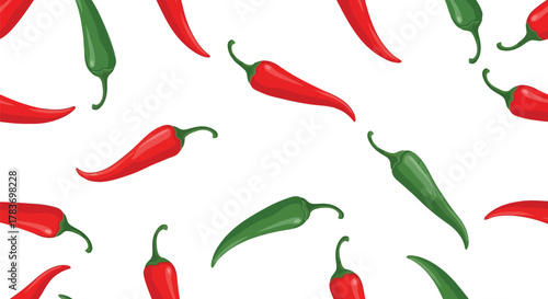 Spicy seamless chili pepper pattern: scattered red and green hot food cooking background.