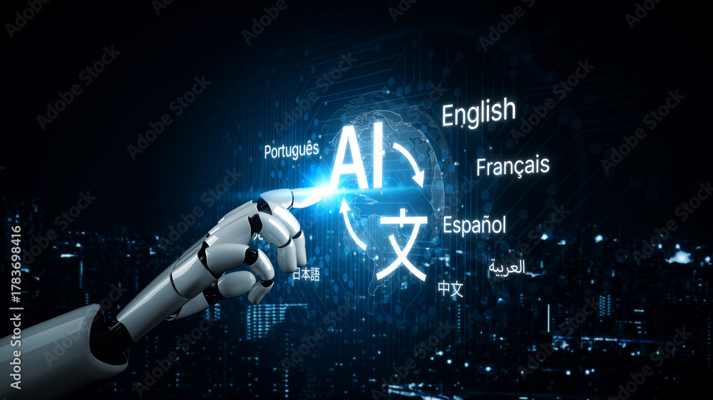 Naklejka premium AI bridges languages with multilingual assistants, smart translation tools, and cross-cultural virtual learning environments. Artificial intelligence spline