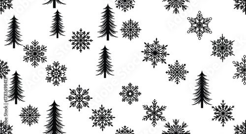 Black and white pine trees and snowflakes seamless pattern winter forest background holiday texture