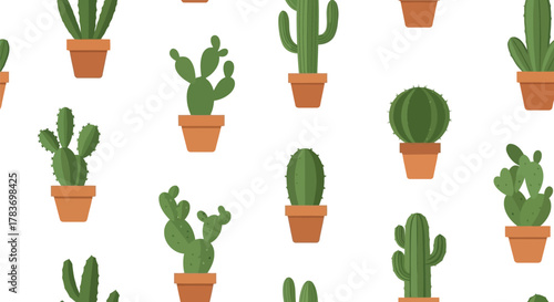 Trendy seamless cactus pattern: potted desert succulents, nature houseplant background.