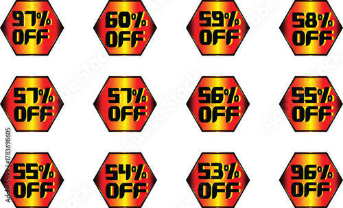 Set of Discount and Sale Badges with Percentage Numbers – Special Offer Labels, Price Tags, Promotion Stickers, Clearance Sale Icons, Black Friday and Cyber Monday Discount Design for Online Store, Re