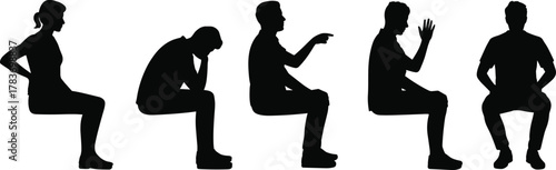 Silhouettes of seated people, different postures, body language, communication, contemplation, conversation, gesture, pointing, sitting styles, emotional states, black figures