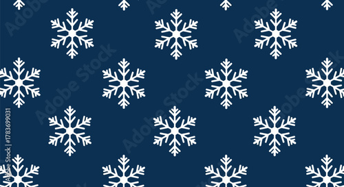 Winter seamless snowflake pattern: white frosty crystal shapes on dark blue background.