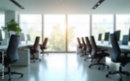 Modern blurred office interior with desks, chairs, and computers. Bright daylight through large glass windows creates a clean, minimal, and professional work environment with a soft focus aesthetic.