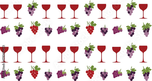 Seamless wine pattern: red wine glasses, purple grapes, vineyard harvest festival background.