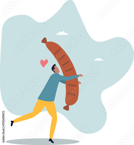 A man hugs a delicious sausage. Food concept.