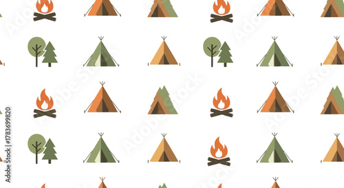 Seamless camping adventure pattern: green teepee tents, campfire, trees, outdoor nature background.