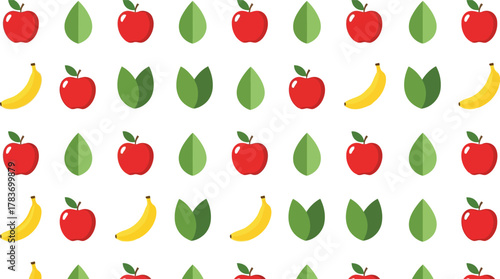 Healthy fruit pattern: seamless background with apples, bananas, green leaves, kitchen decor.