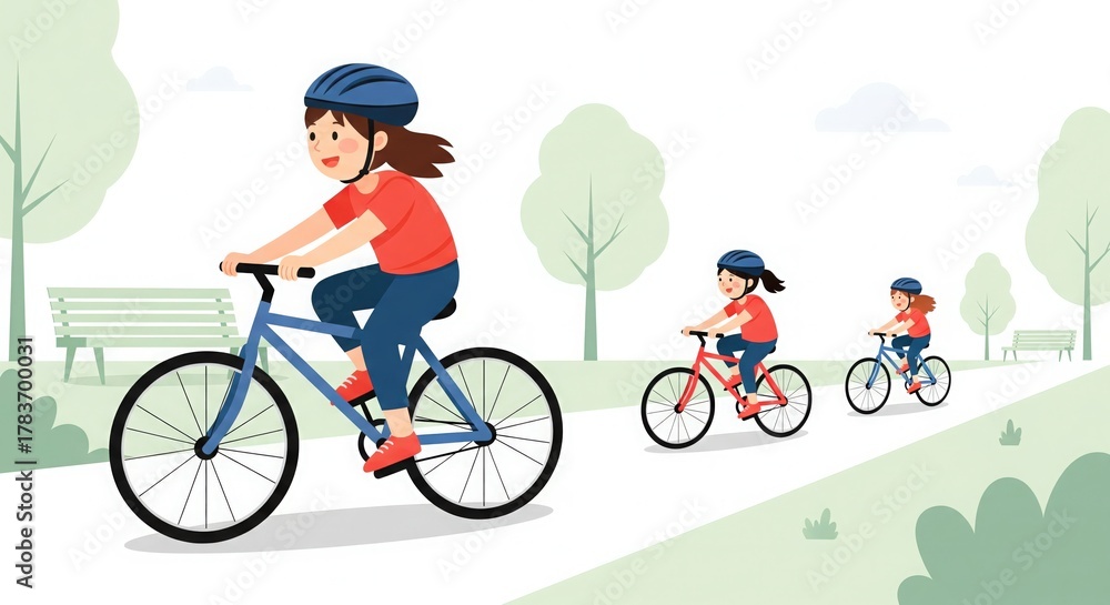 Fototapeta premium Children Riding Bicycles in Park. Flat Vector Outdoor Scene.