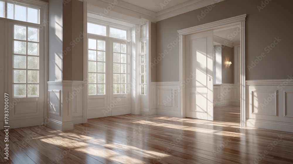 Fototapeta premium Bright and airy empty room with natural light streaming through the windows, creating a warm and inviting atmosphere inside