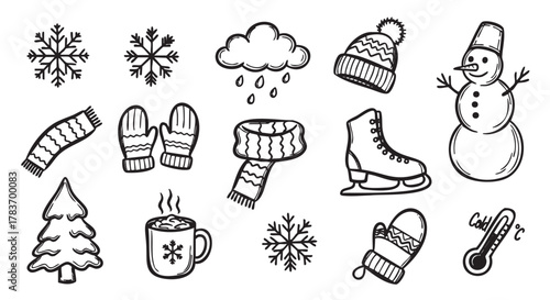 Black and white outlined winter-themed icons including snowflakes, a cloud with raindrops, a hat, mittens, scarf, ice skates, snowman, tree, hot drink, and thermometer.